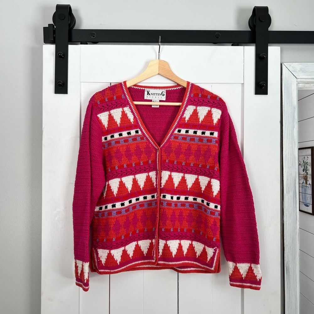 Knitting needles vintage handmade hand-knit coastal grandma  geometric cardigan